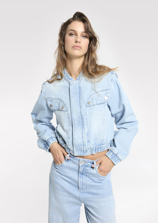 Cropped Denim Bomber Jacket
