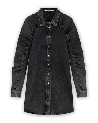 Denim Shirt Dress With Gathered Sleeves