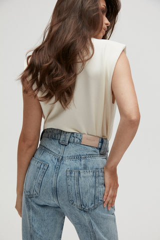 Padded Shoulder Top With Pleats